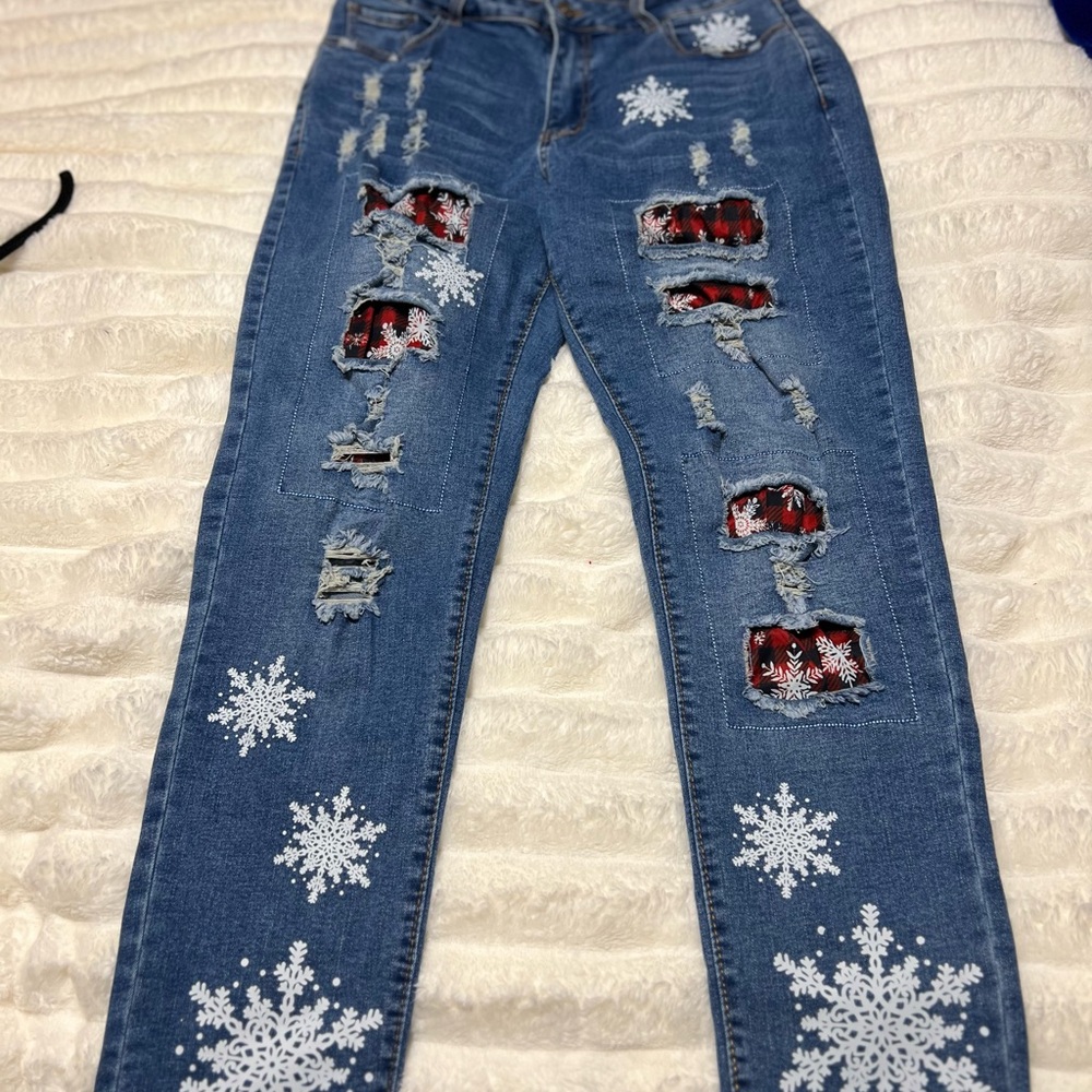 Women's Christmas Distressed Jeans with Snowflake & Red-Black Buffalo Plaid